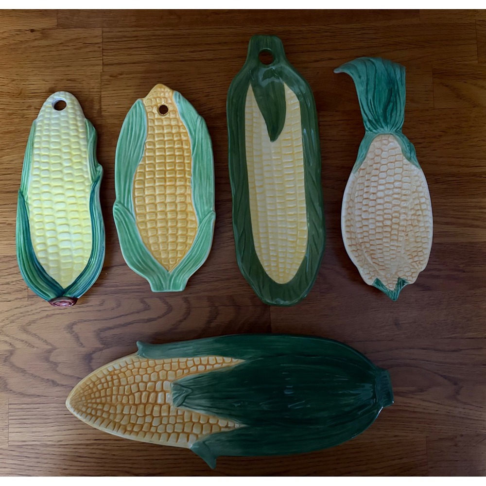 Vintage Ceramic Corn on the Cob Decor Set of 5 Mismatched Majolica Platter
